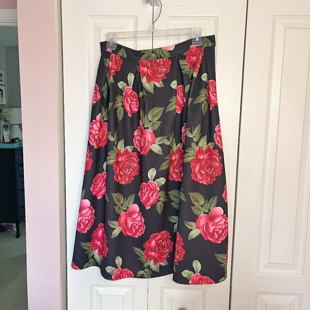 Forever 21 Rose Floral Print Pleated Zipper Midi Pinup Retro Balloon Skirt